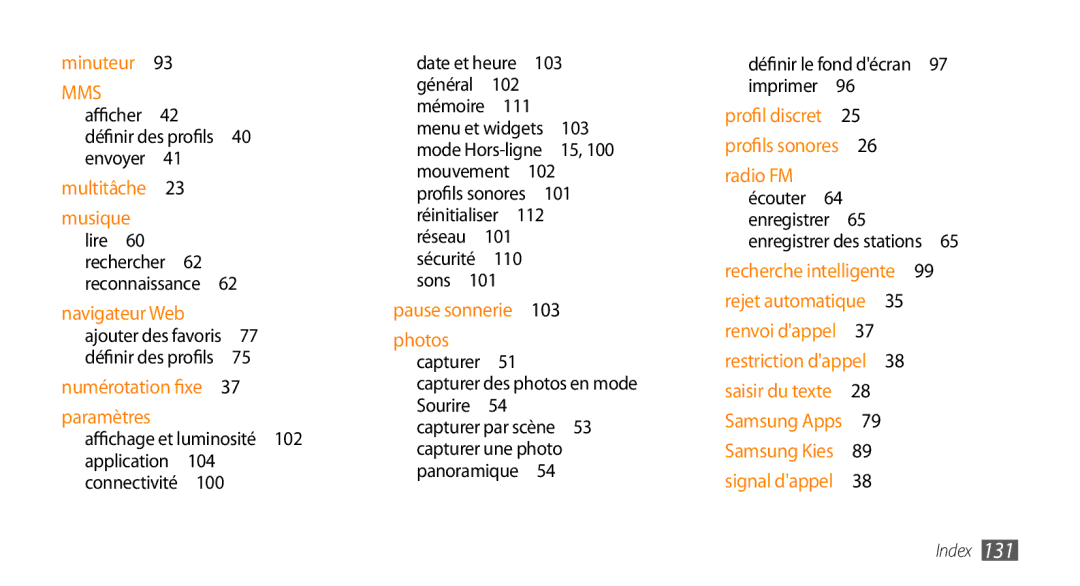 Samsung GT-S5750HKYSFR, GT-S5750HKELPM Affichage et luminosité 102 application 104 connectivité , Mémoire , Réinitialiser  